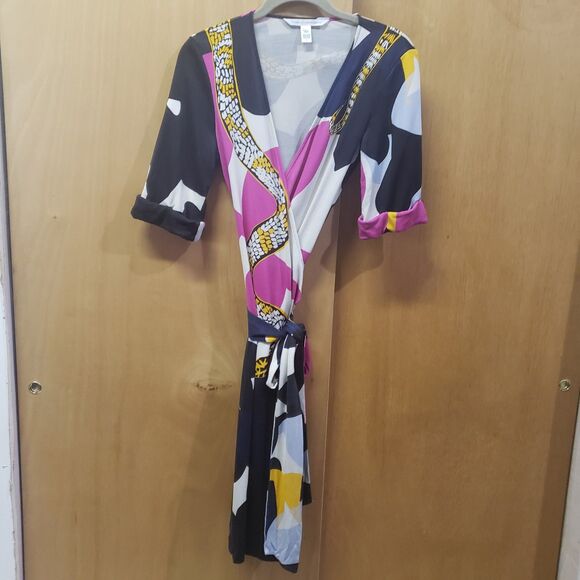 Diane von Furstenberg silk wrap dress snake print-black/white/pink/yellow&blue 6 - Picture 2 of 8